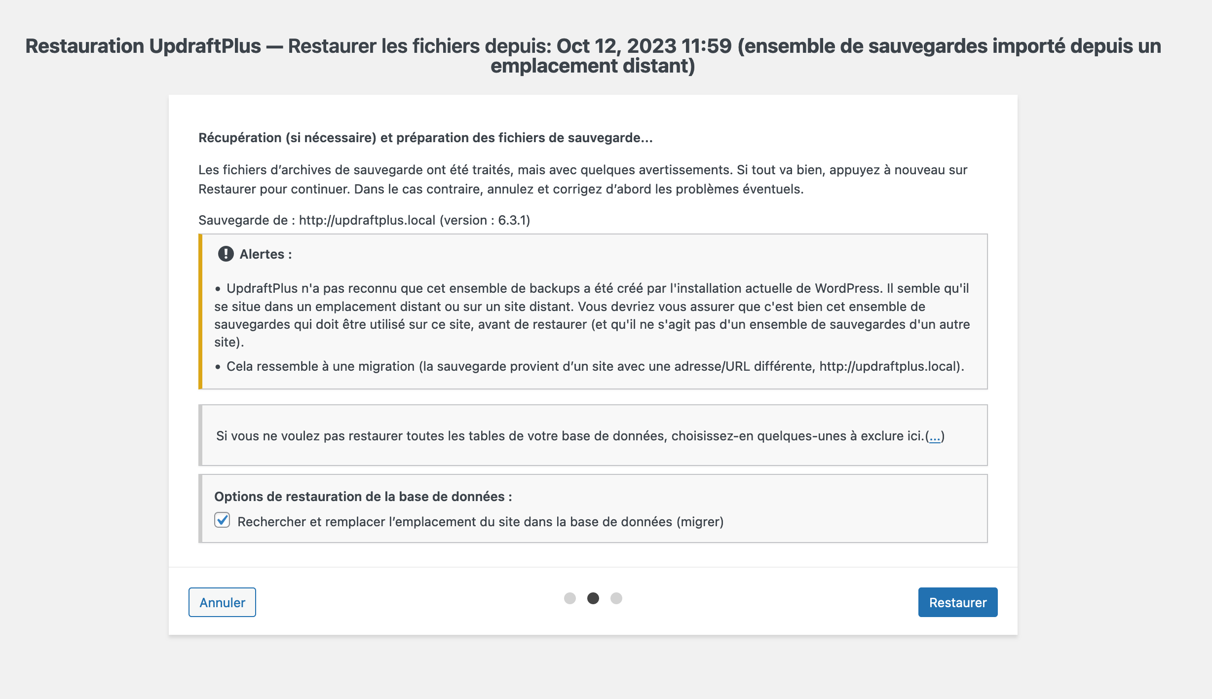 Restauration des fichiers d'une sauvegarde avec l'extension UpdraftPlus. 