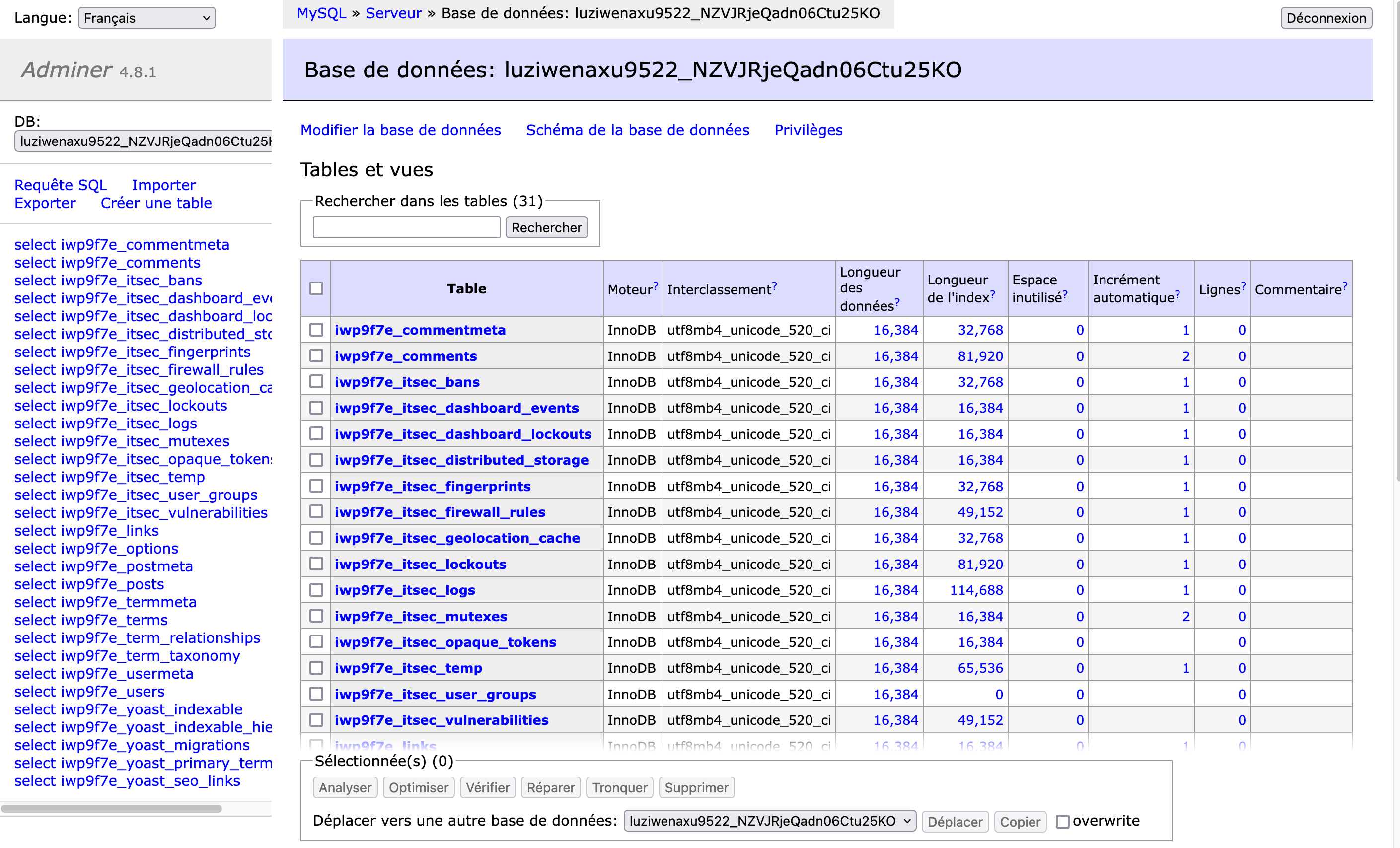 Base de données Adminer sur InstaWP.