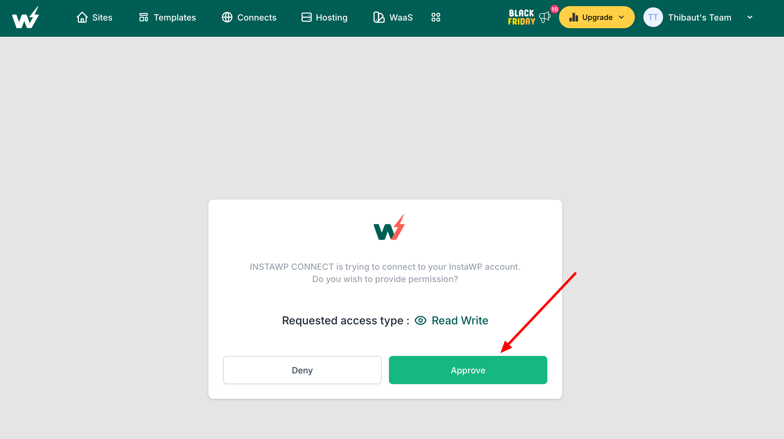 Autorisation de la connexion entre InstaWP et WordPress.