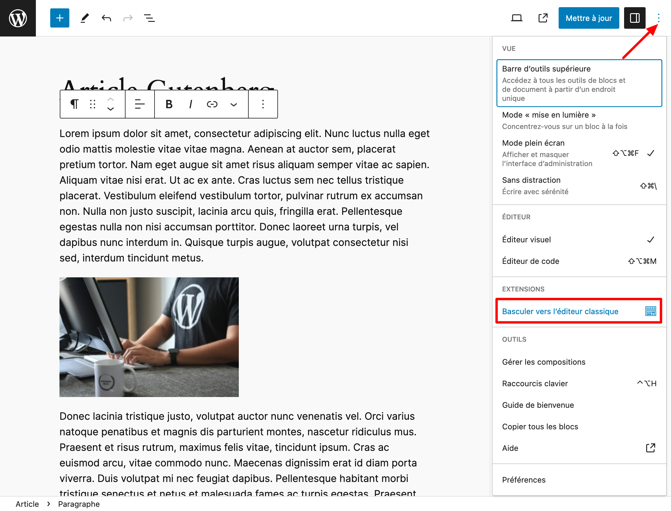 Basculer vers l'éditeur classique est possible depuis Gutenberg avec Classic Editor.