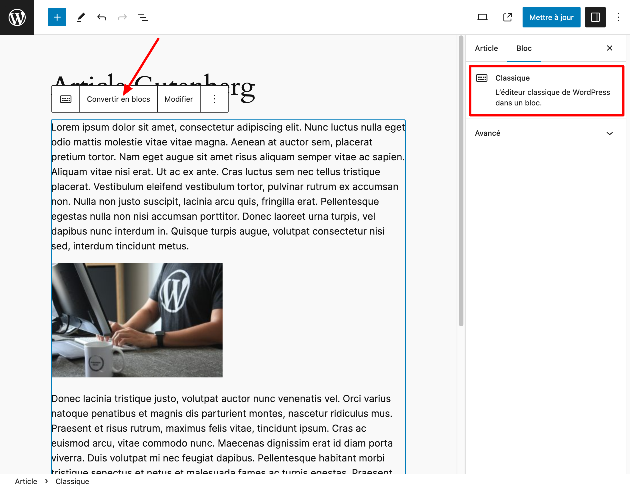 L'option Convertir en blocs proposée par Gutenberg.