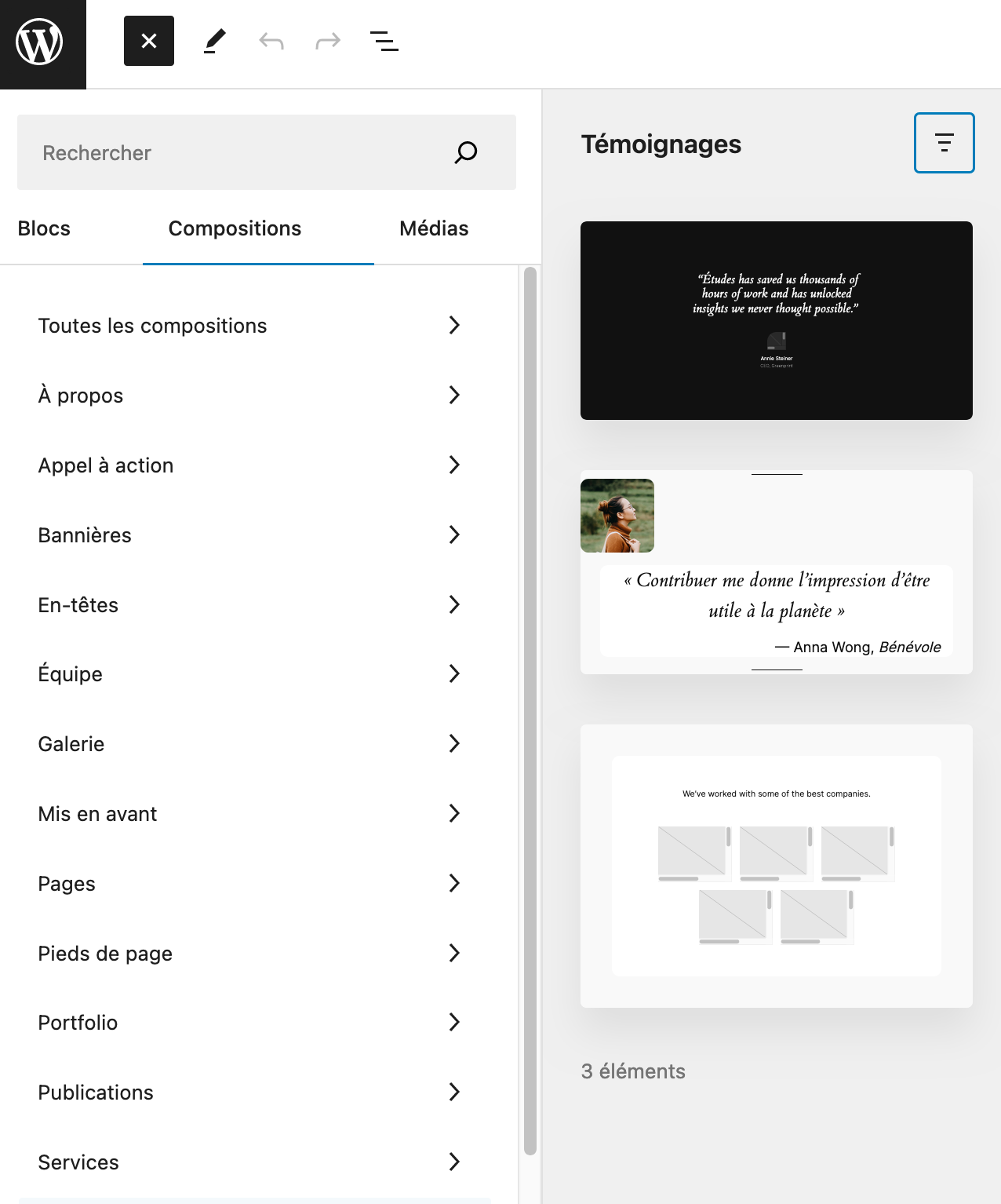 Aperçu de certaines compositions de blocs de Gutenberg. 