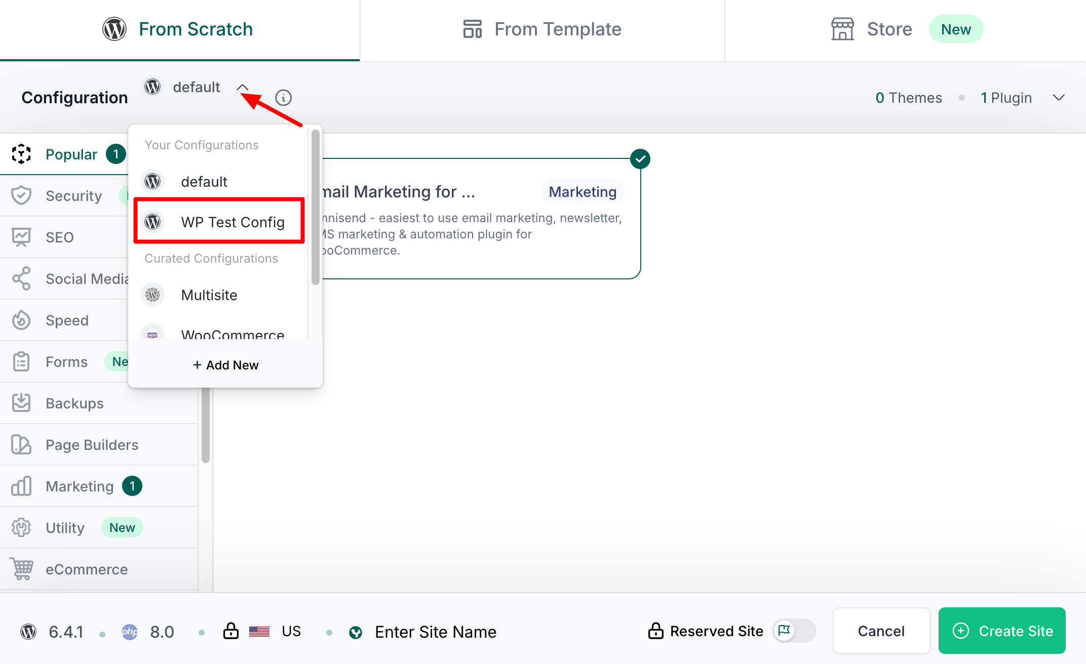 Accès à une configuration de base sur l'interface d'InstaWP.
