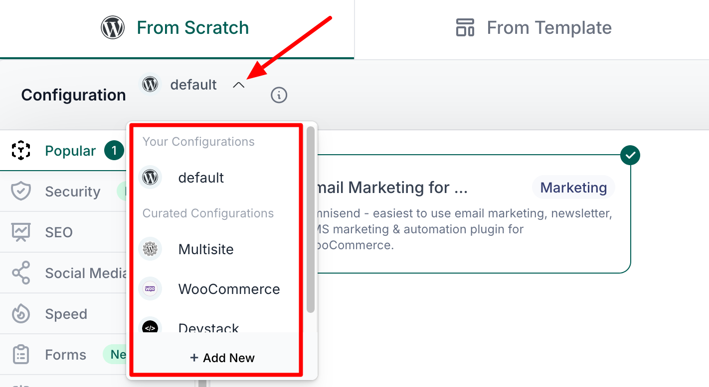 Réglages from scratch d'InstaWP.