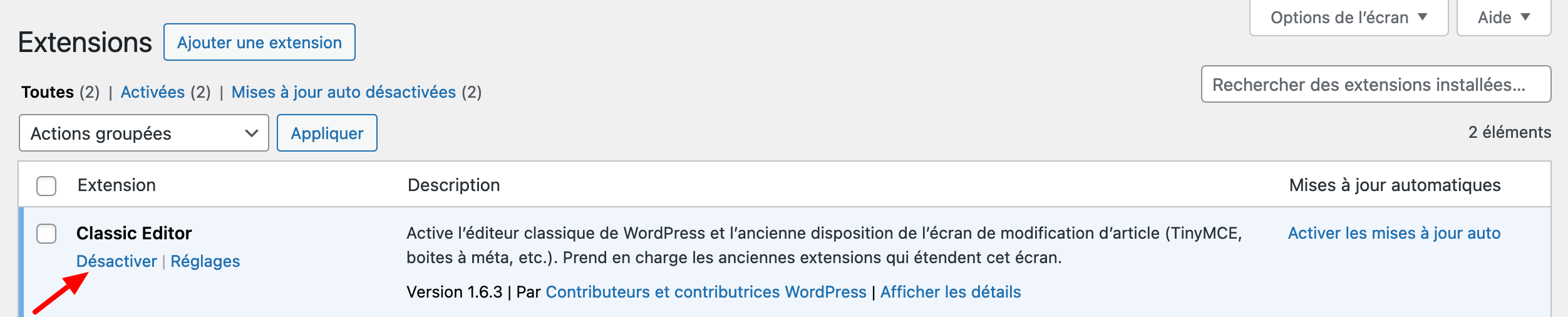 Désactivation du plugin Classic Editor.