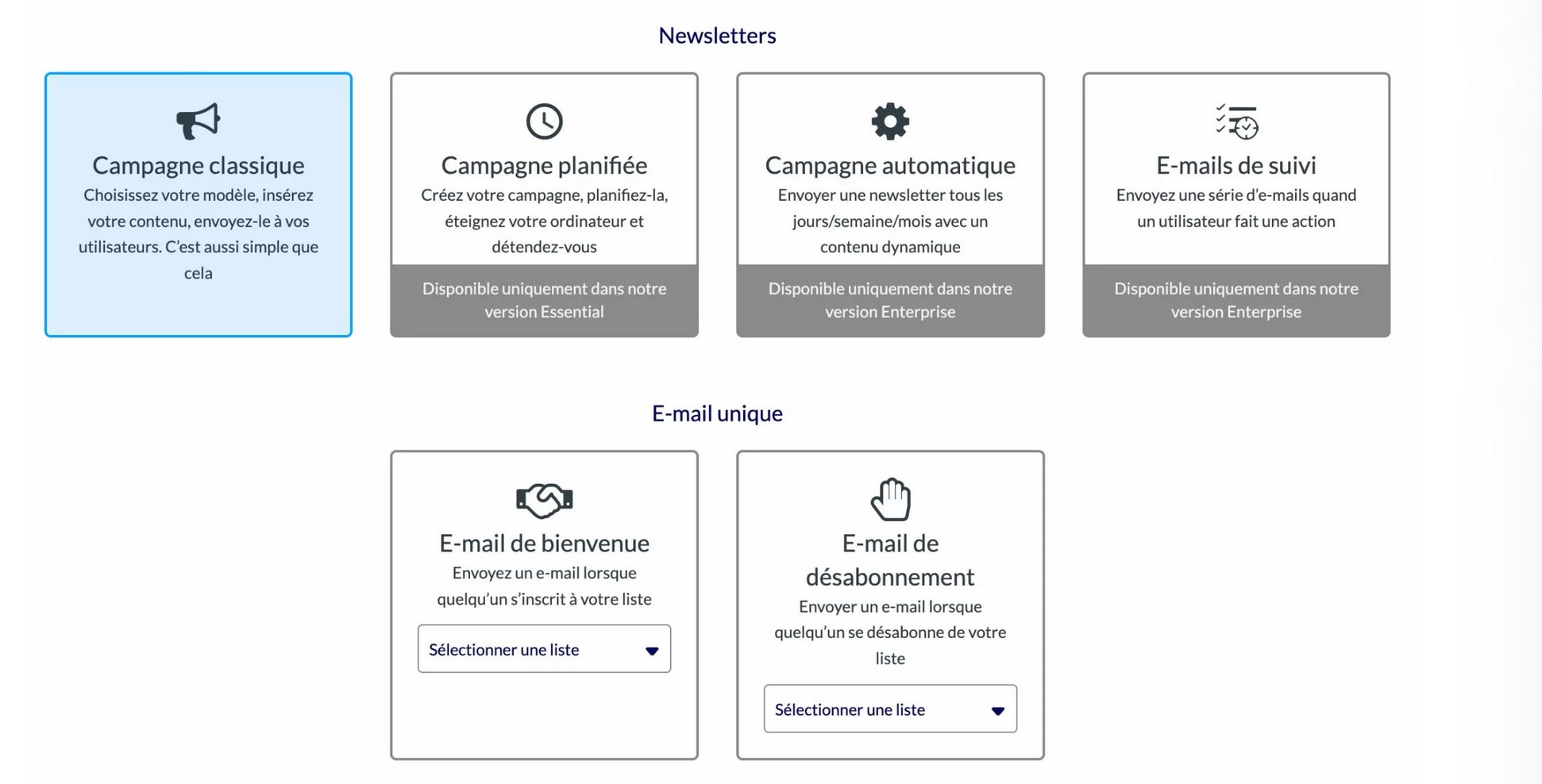 Types d'e-mails proposés par AcyMailing.