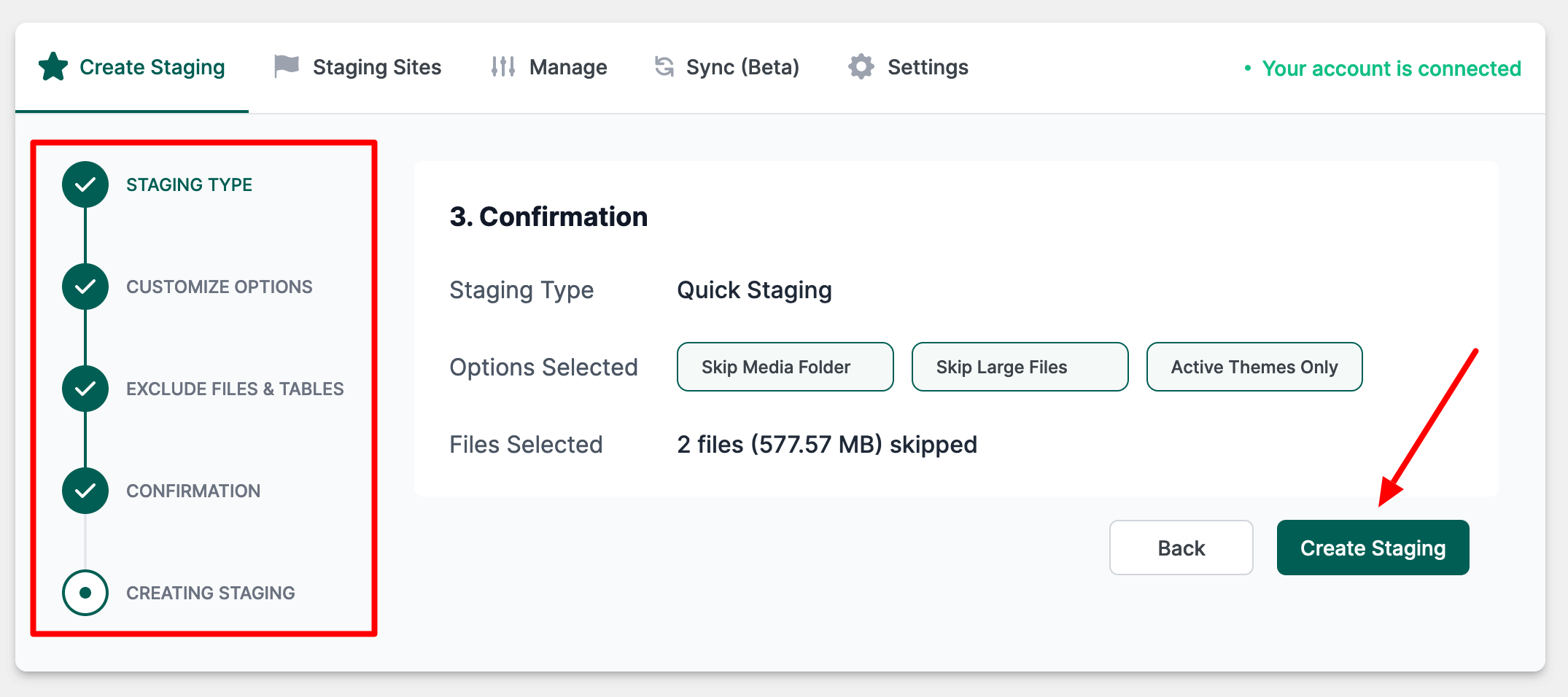 Réglages d'un site de staging.