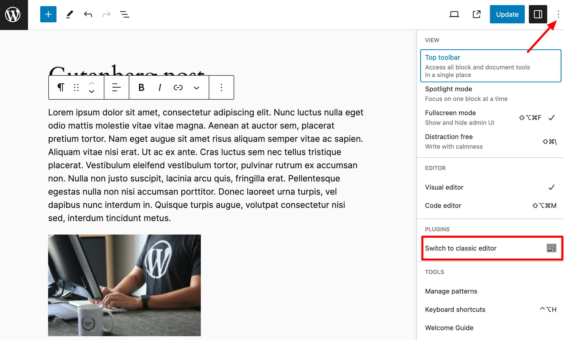 Within a post, you can switch back to the classic editor at any time. 