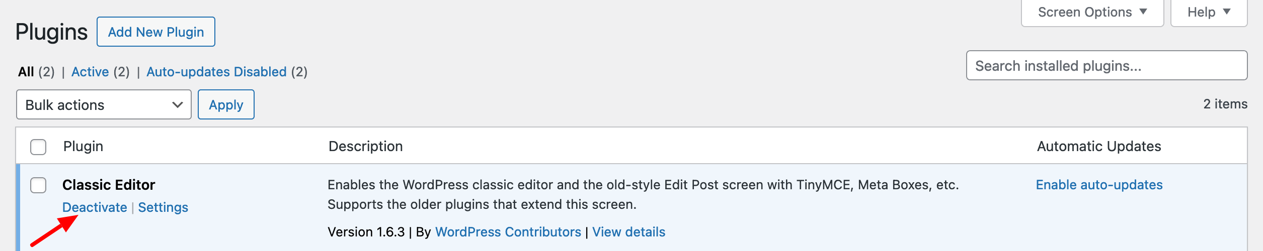Deactivating the Classic Editor plugin.