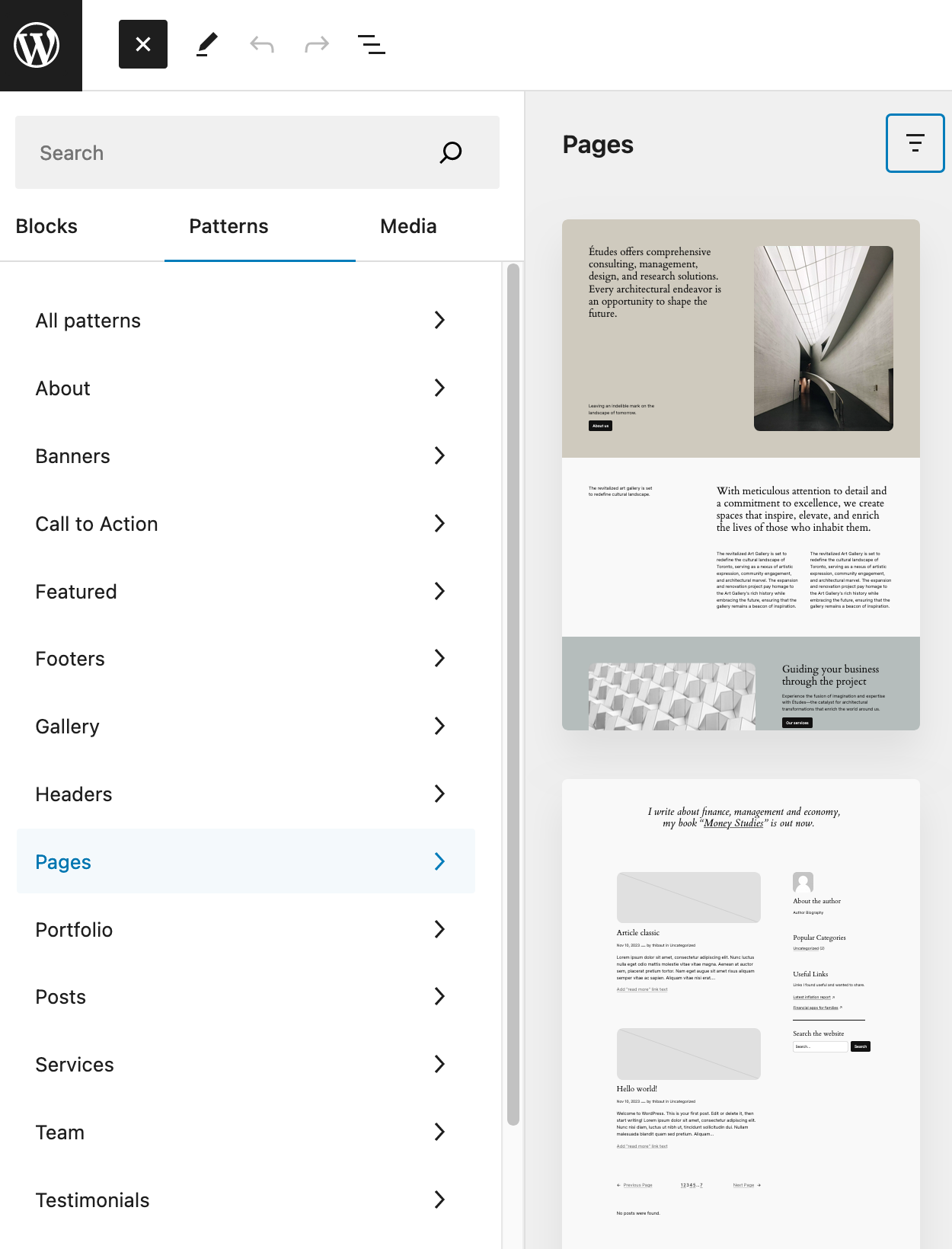 Some of the block patterns available in Gutenberg.
