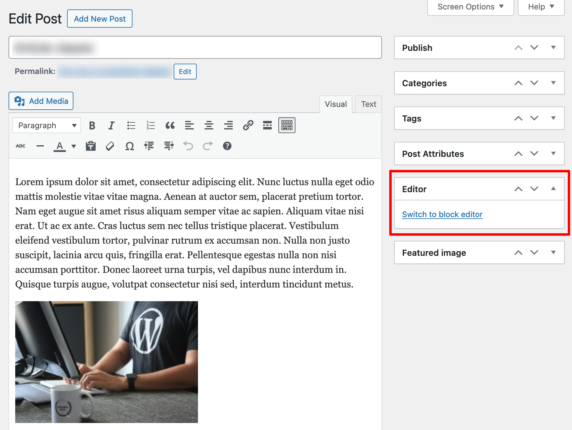 Within a post in the classic editor, you can switch back to the block editor.