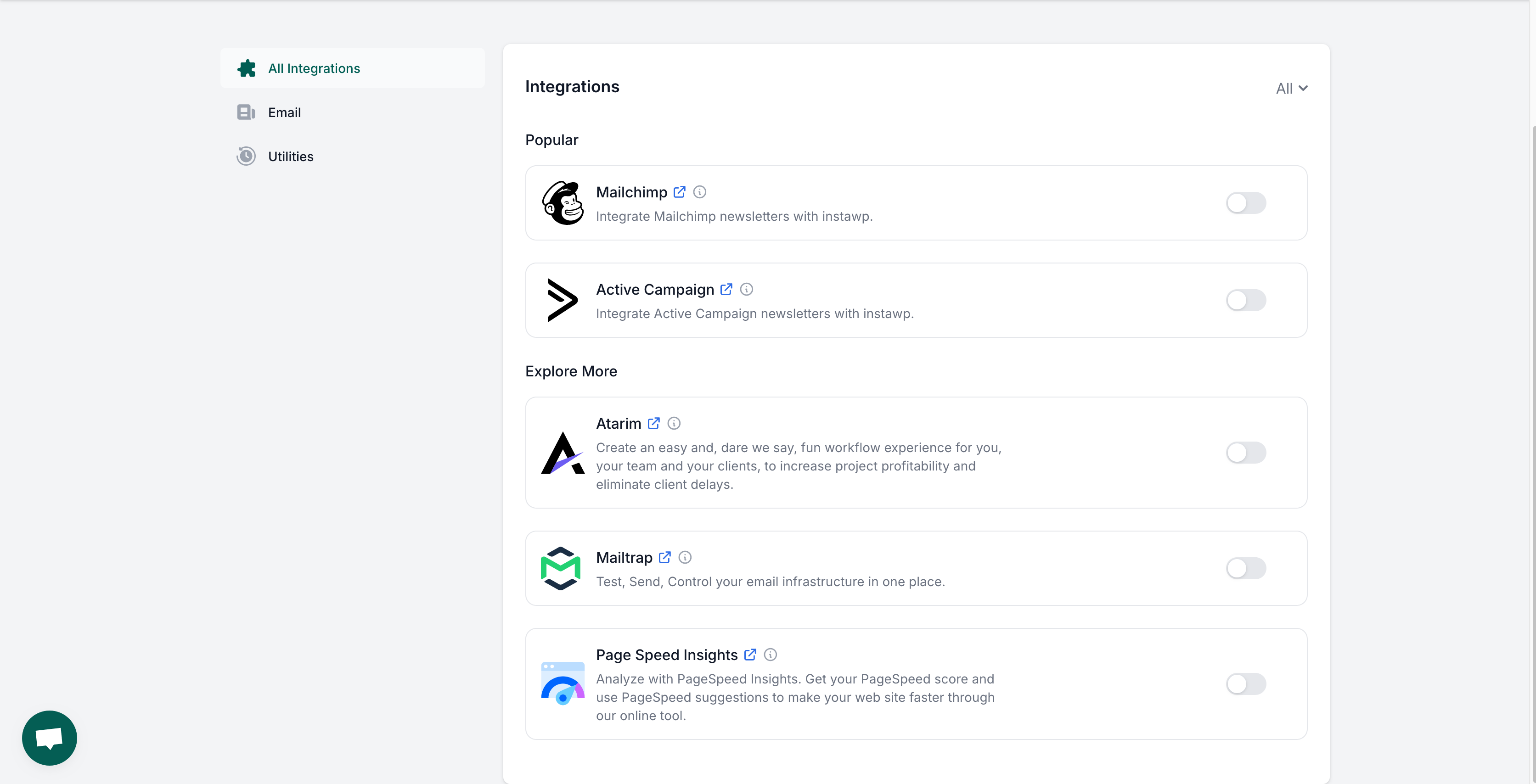 Les intégrations proposées par InstaWP.