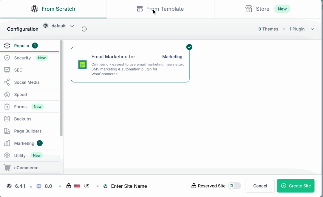 Les onglets de création de site d'InstaWP.
