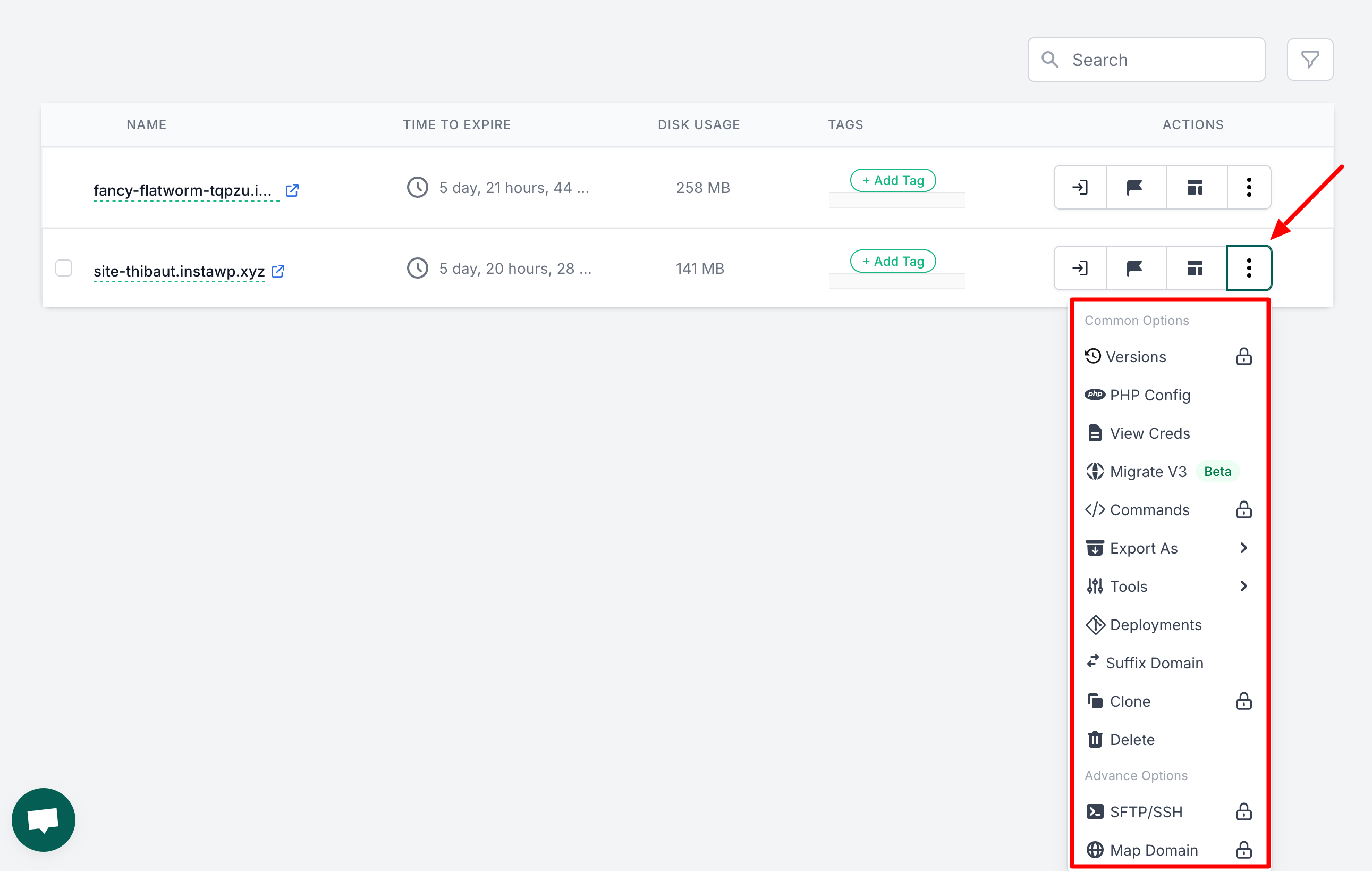 Les options par site proposées par InstaWP.
