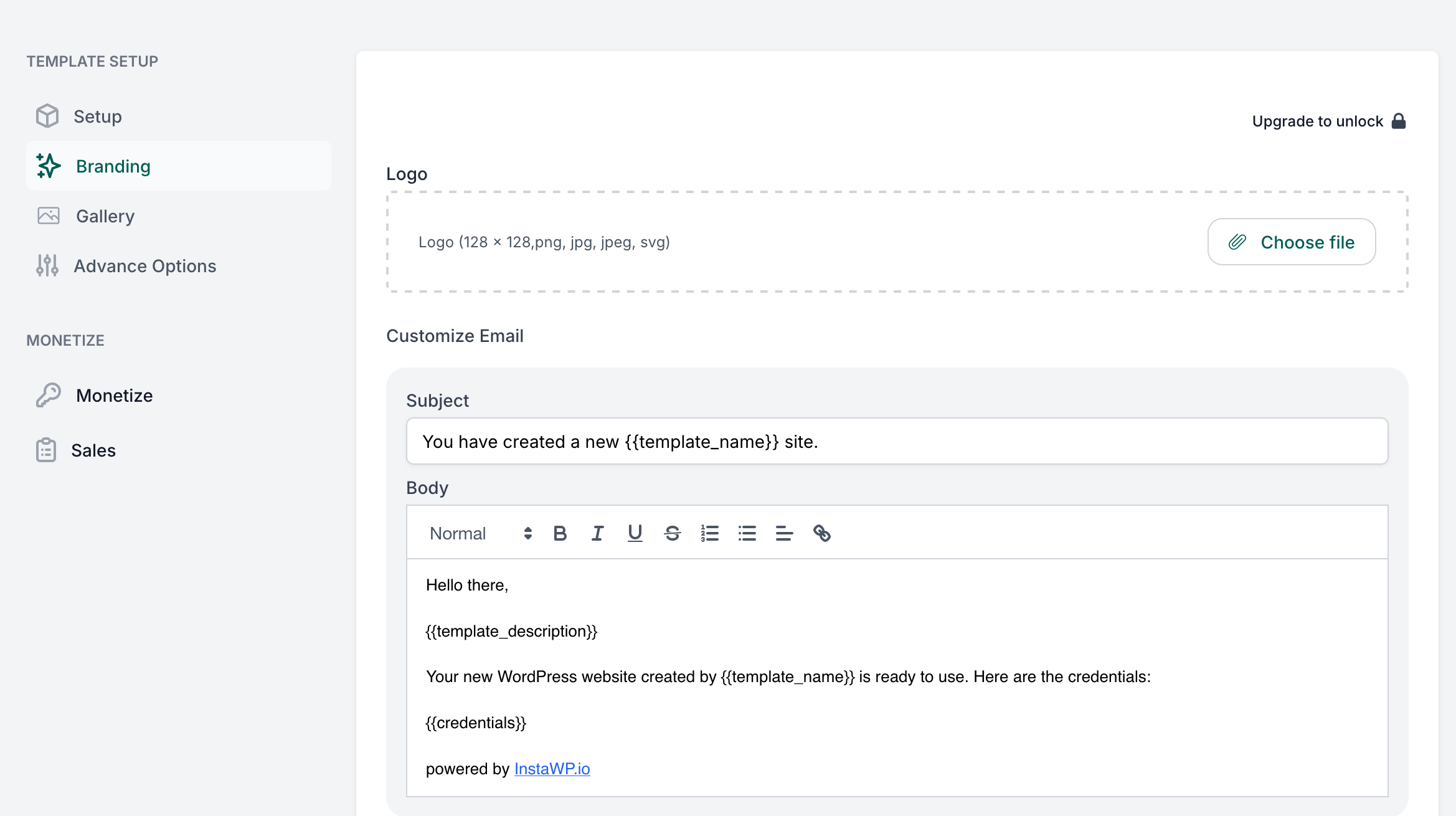Personnalisation de l'e-mail d'un template avec InstaWP.