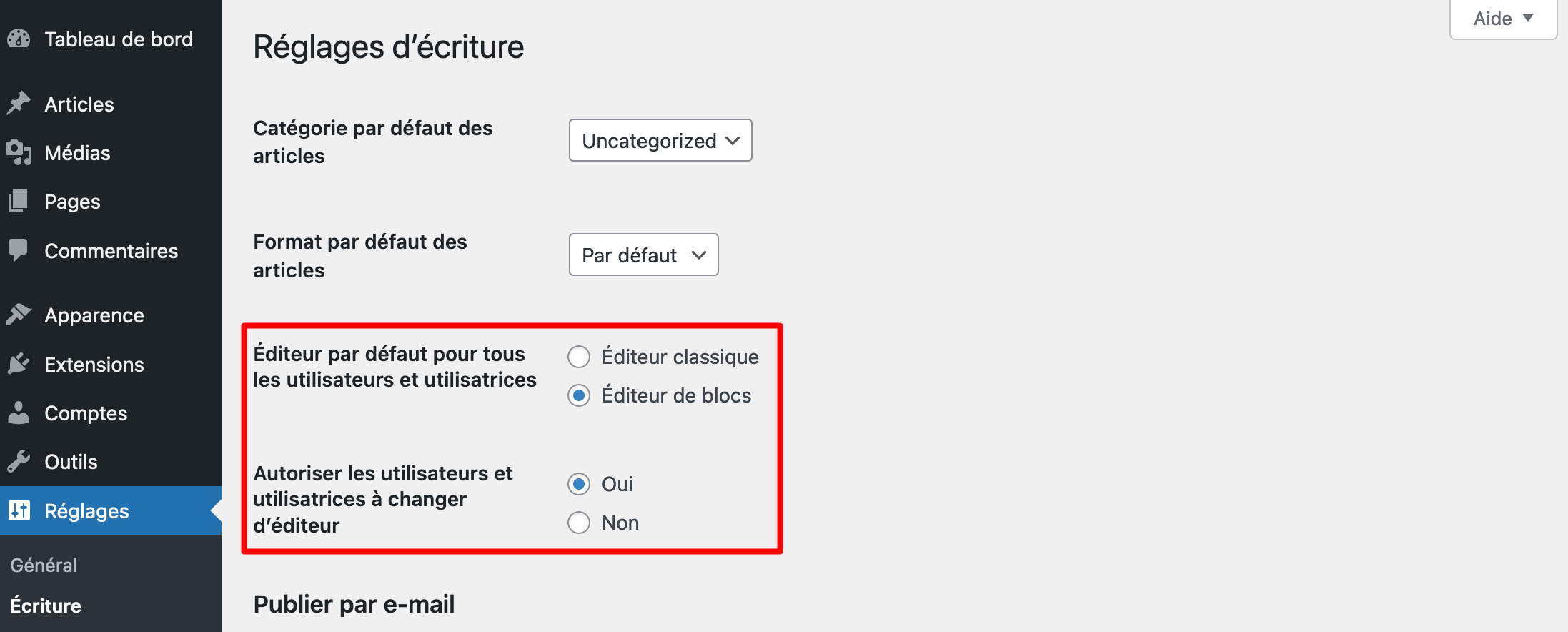 Il est possible de passer de l'éditeur classique à l'éditeur de blocs en un clic avec Classic Editor.