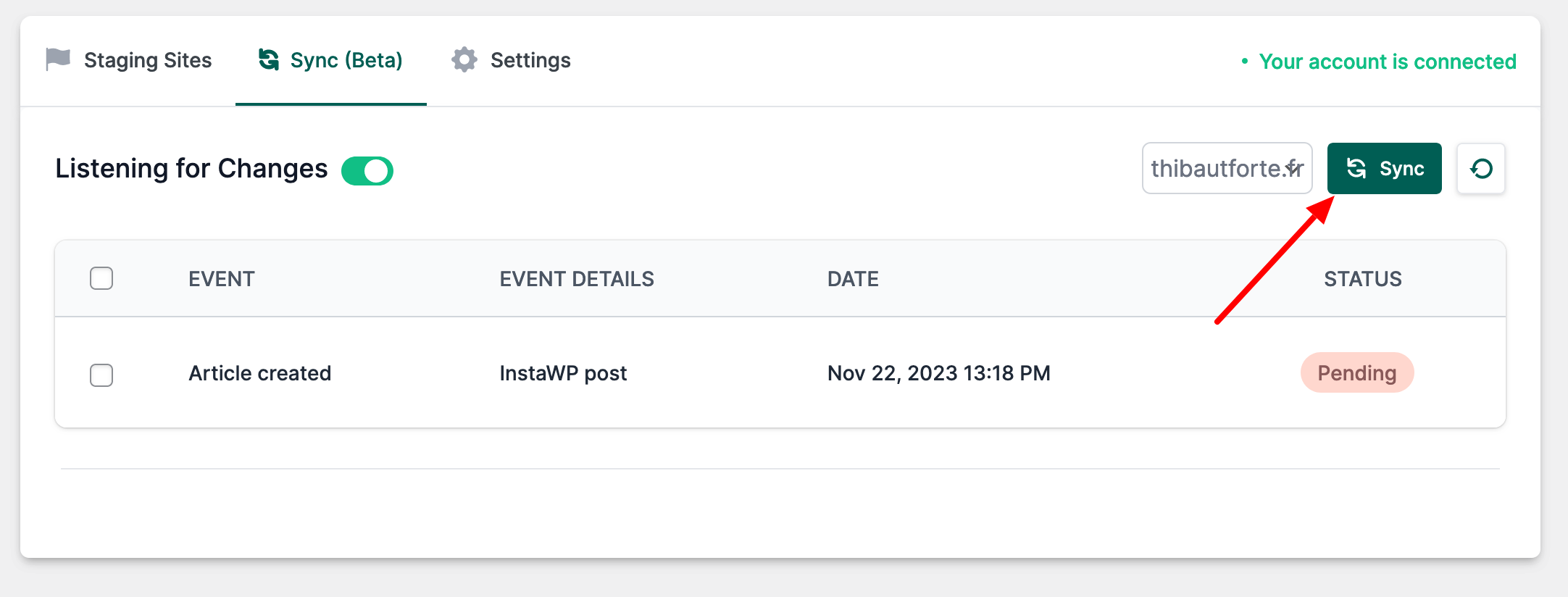 Le bouton Sync d'InstaWP.