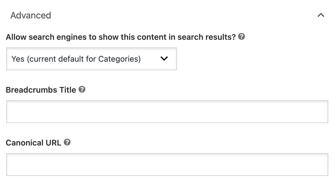 Yoast SEO advanced settings of a WordPress category.