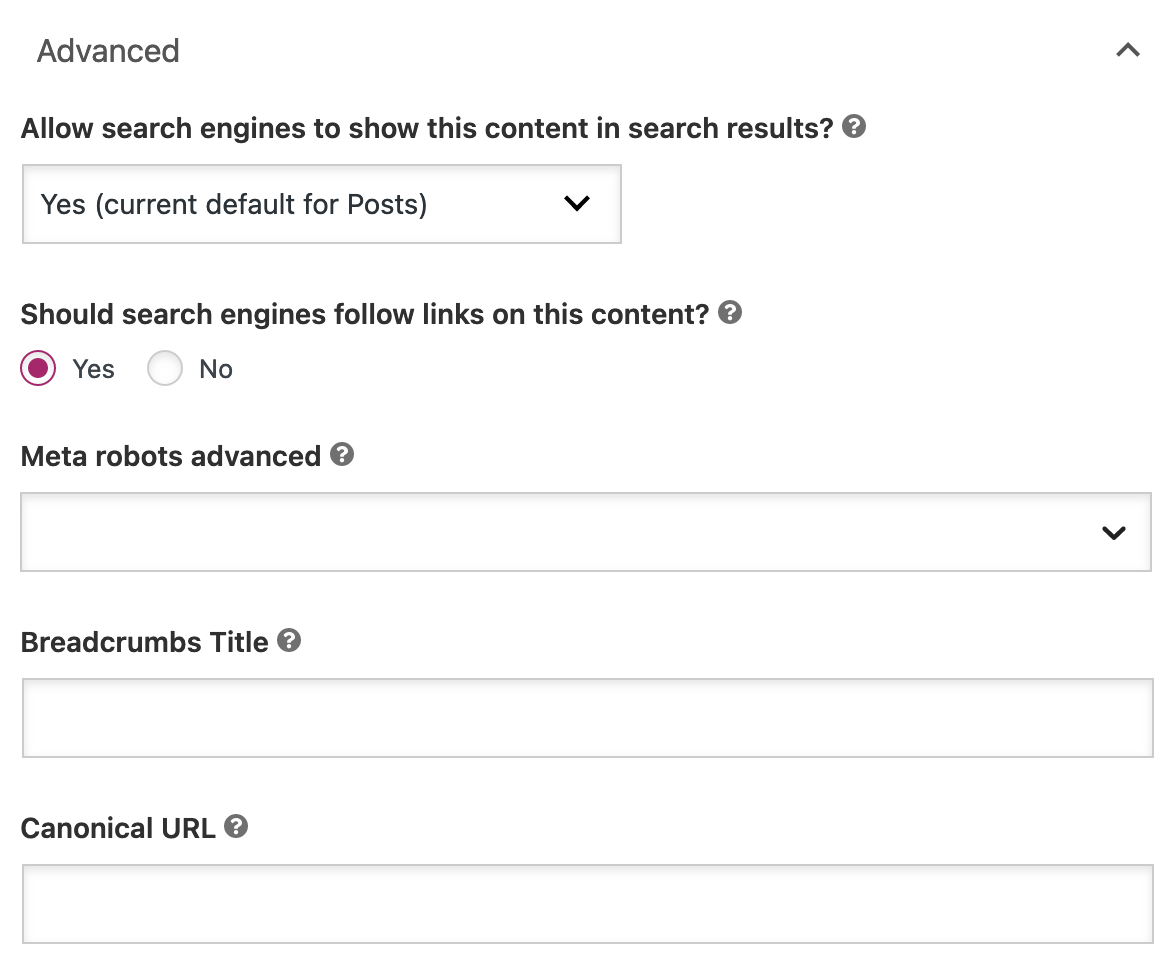Advanced settings of a post in Yoast SEO.