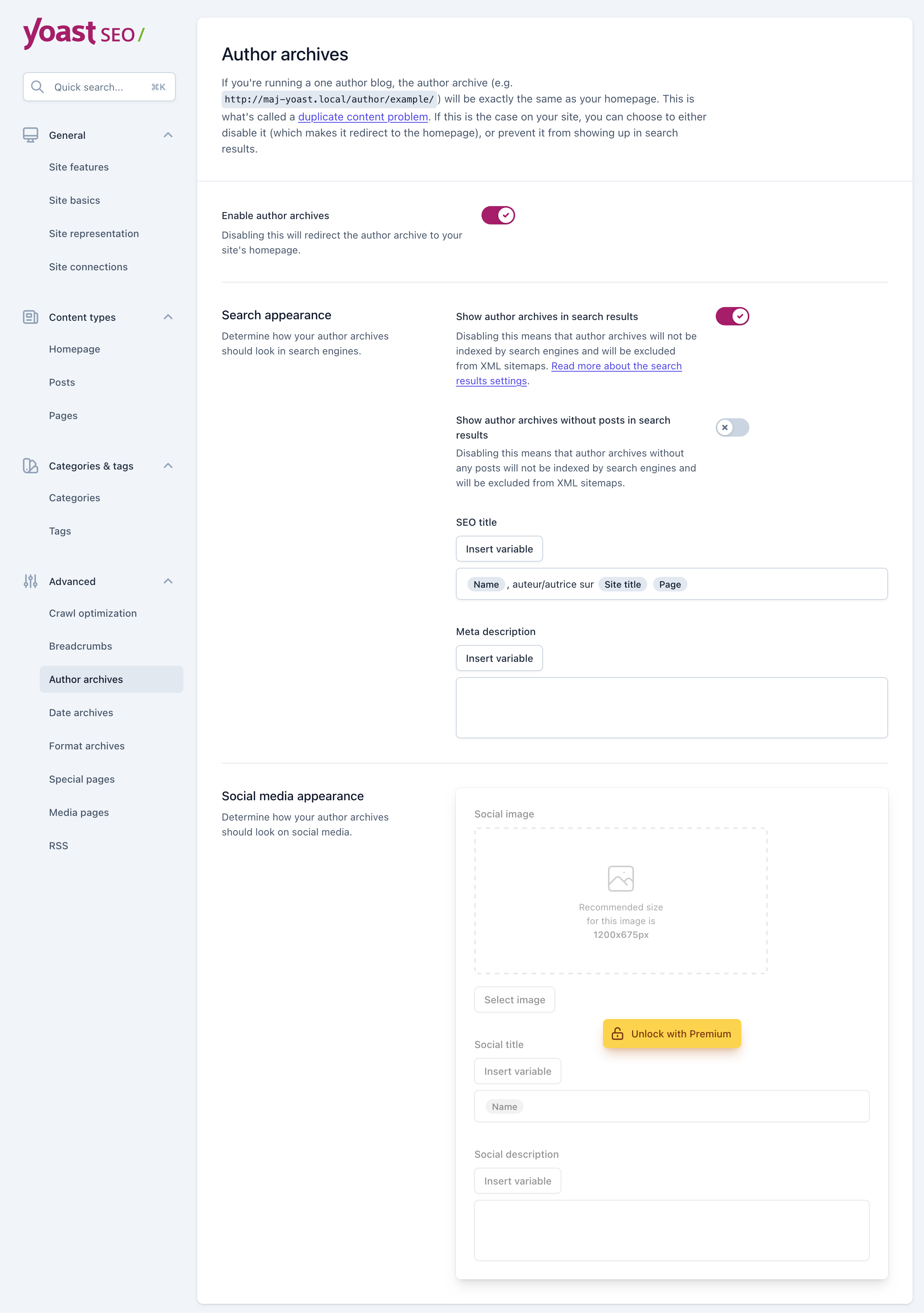 Yoast SEO allows you to archive your posts by author, date, and format.