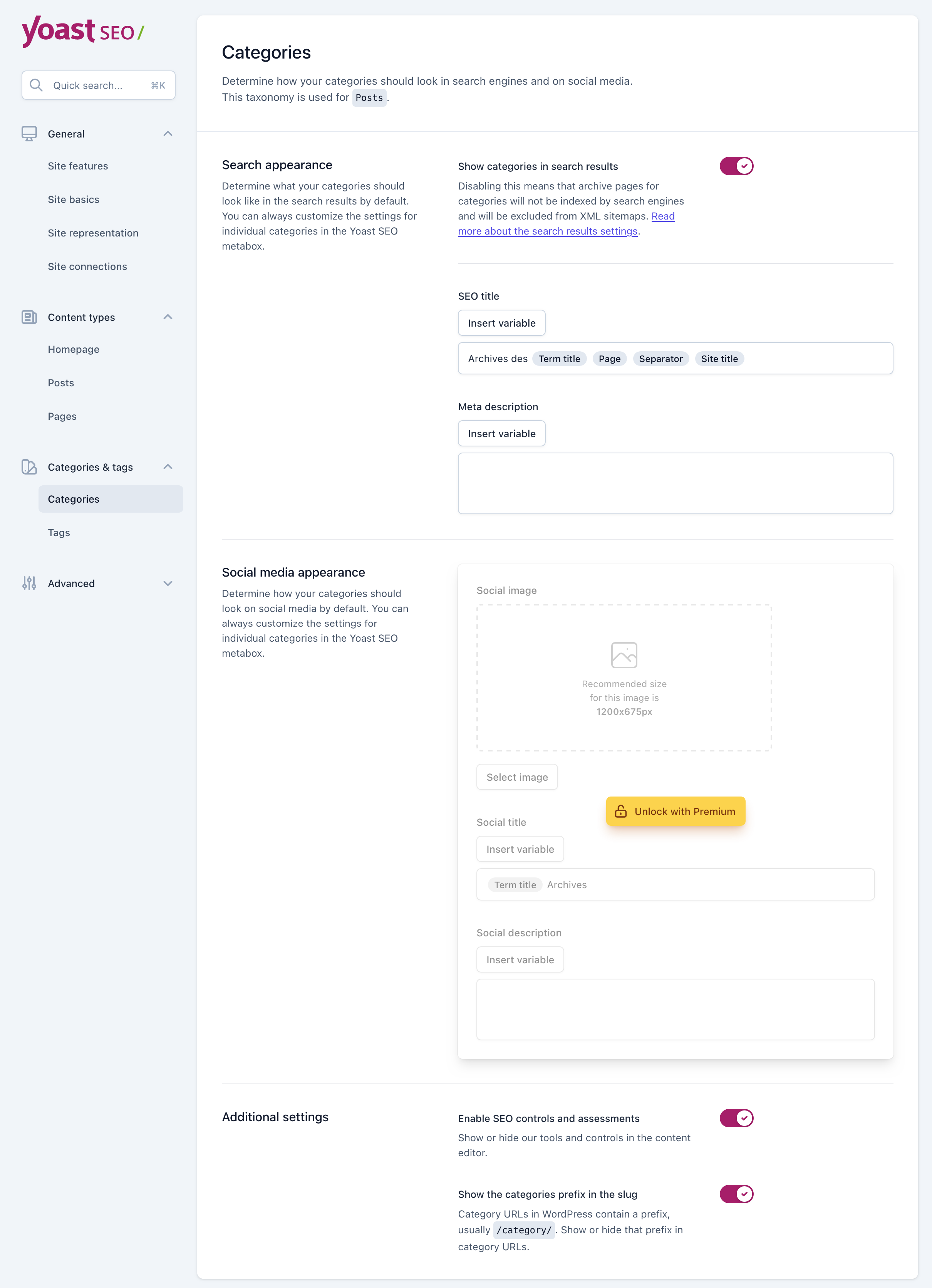 The categories tab in Yoast SEO.
