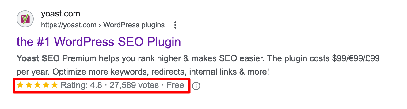 Google rich snippet search result for the Yoast SEO plugin.