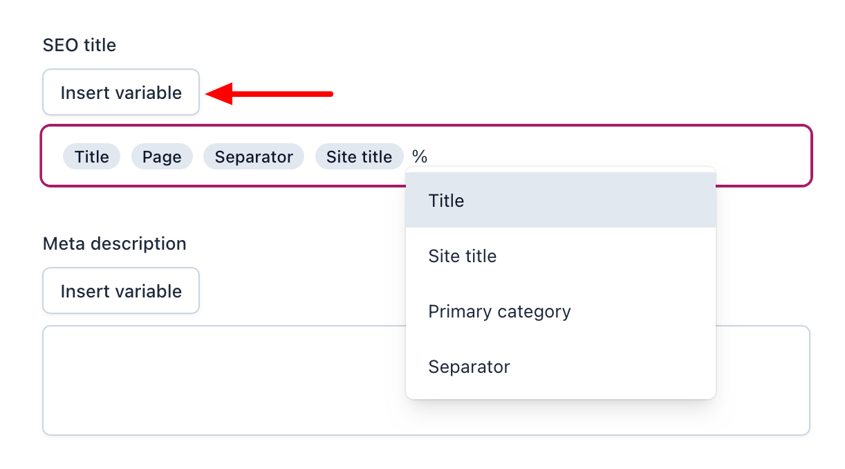 Insert variable button on Yoast SEO.