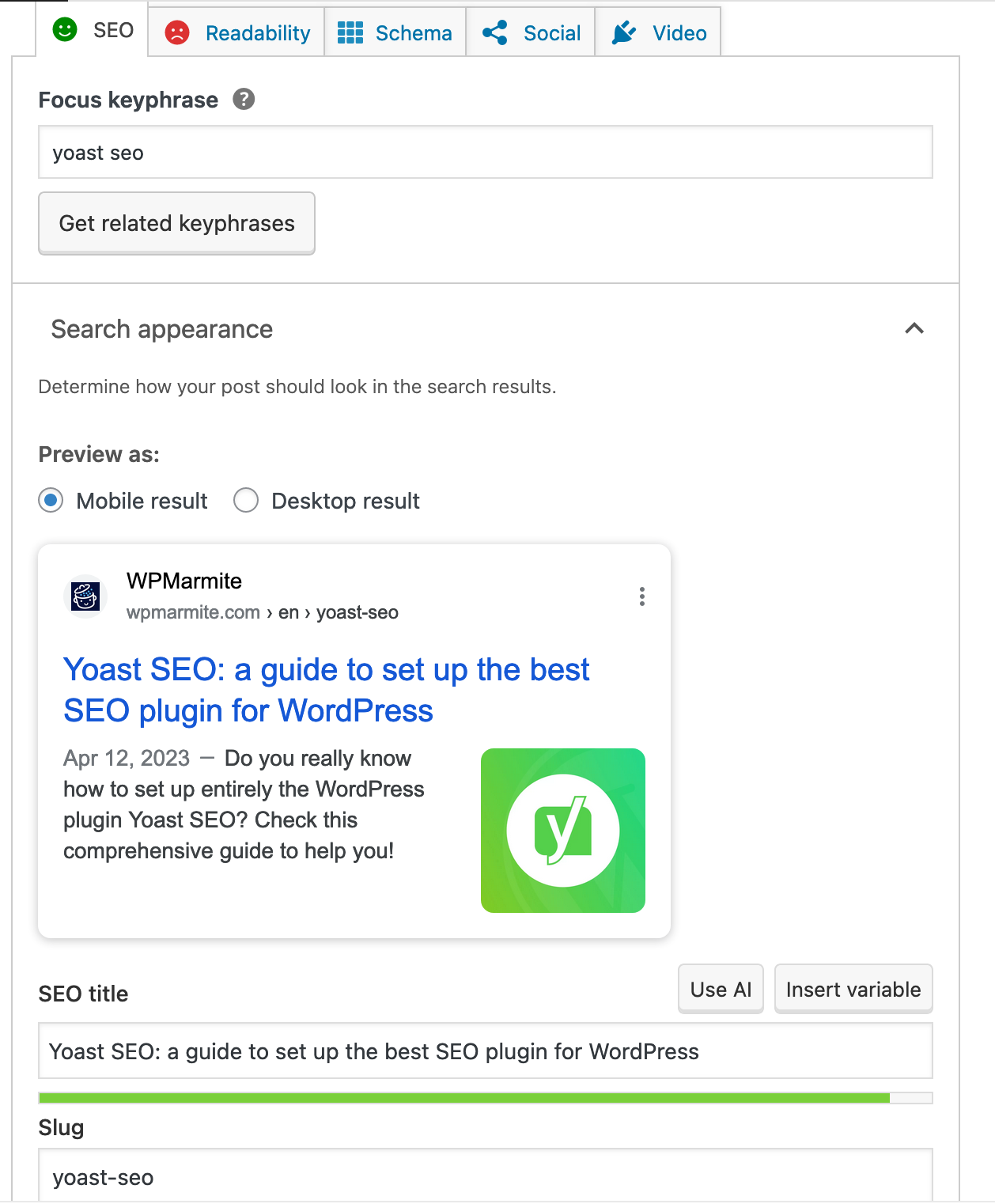 Default SEO tab in Yoast SEO.