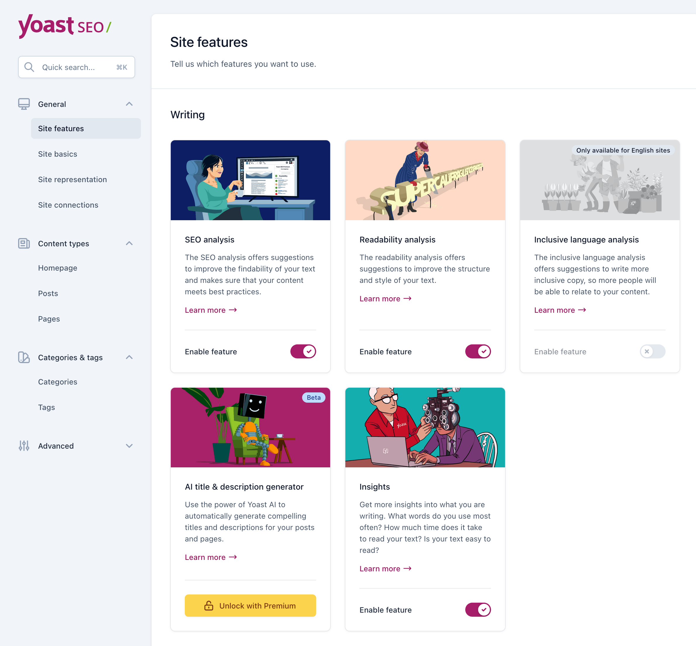 The "Site features" tab in the Yoast SEO General settings.