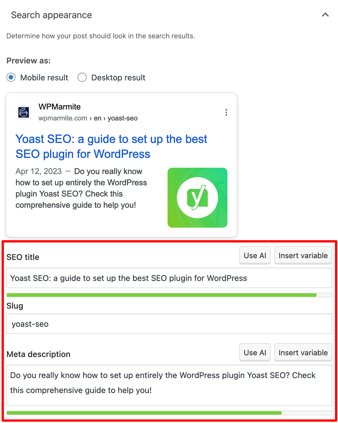 SEO title, Slug and Meta description in Yoast SEO.