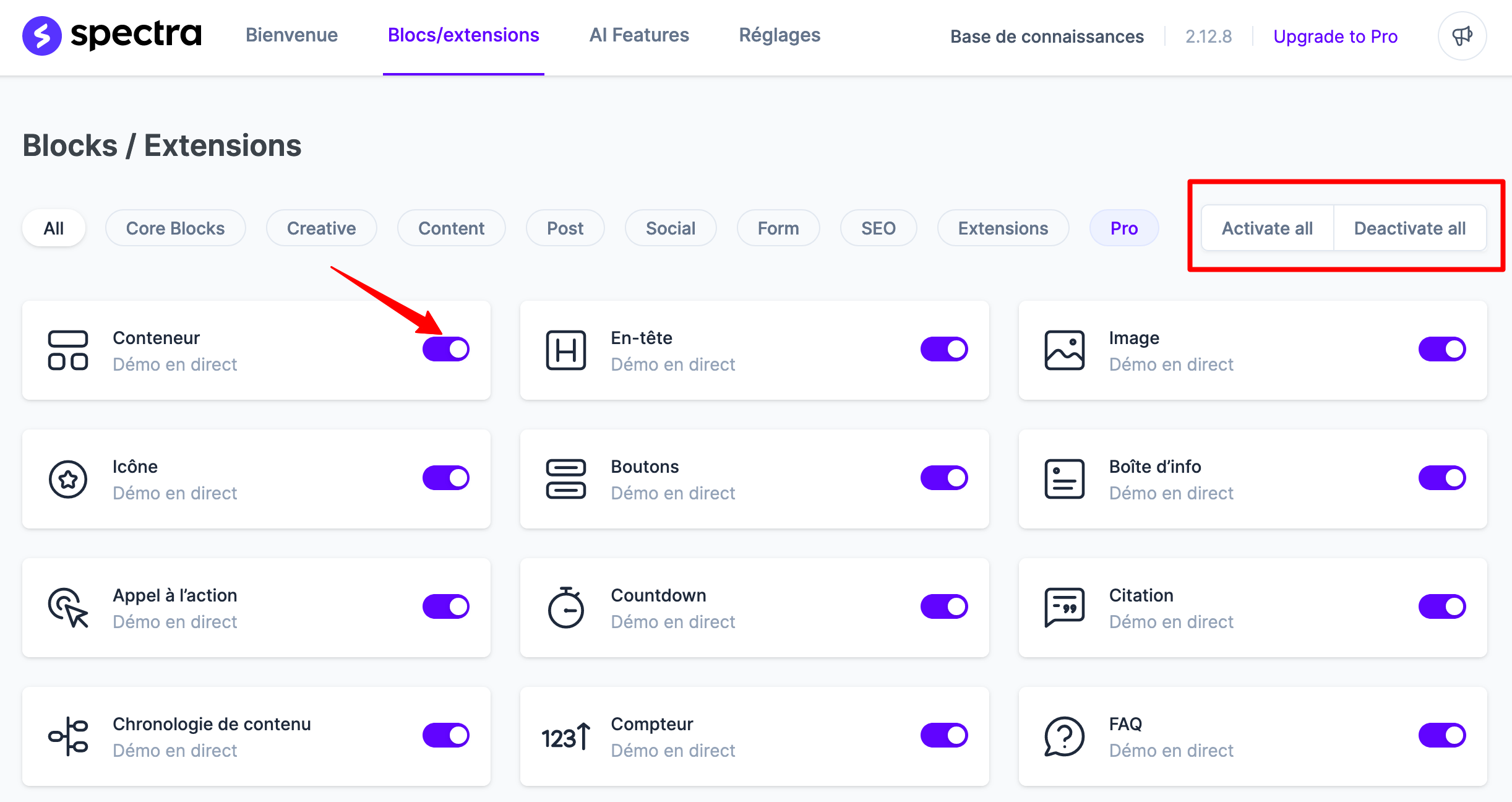 Le plugin Spectra sur WordPress dispose d'un système d'activation des blocs.