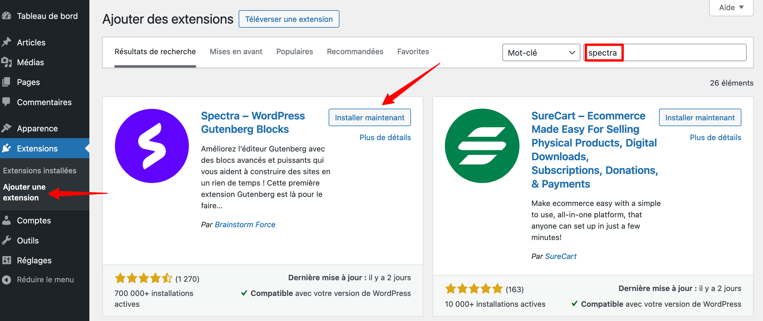 Installation de Spectra sur WordPress.