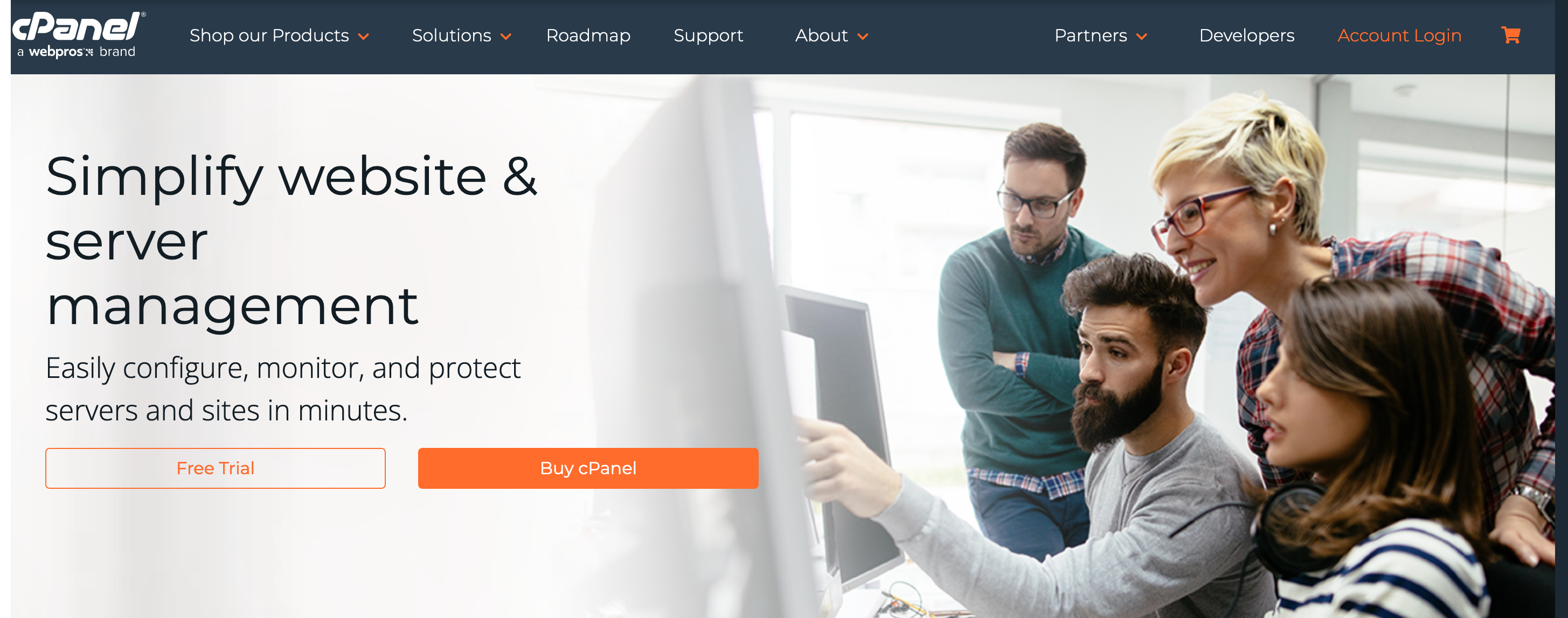 La page d'accueil du site officiel de cPanel.