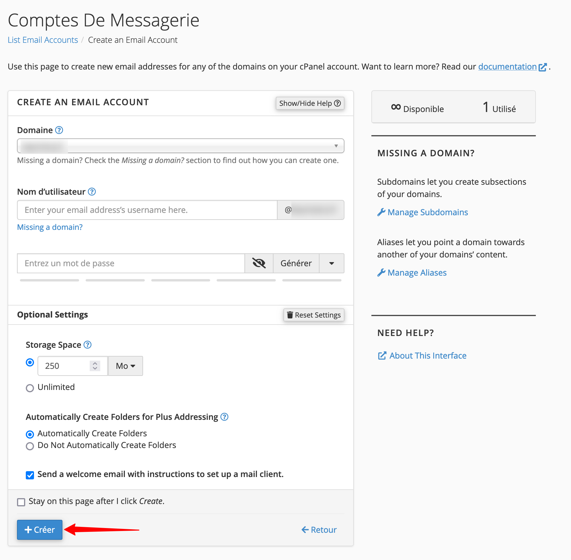 Bouton de création d'un compte de messagerie. 