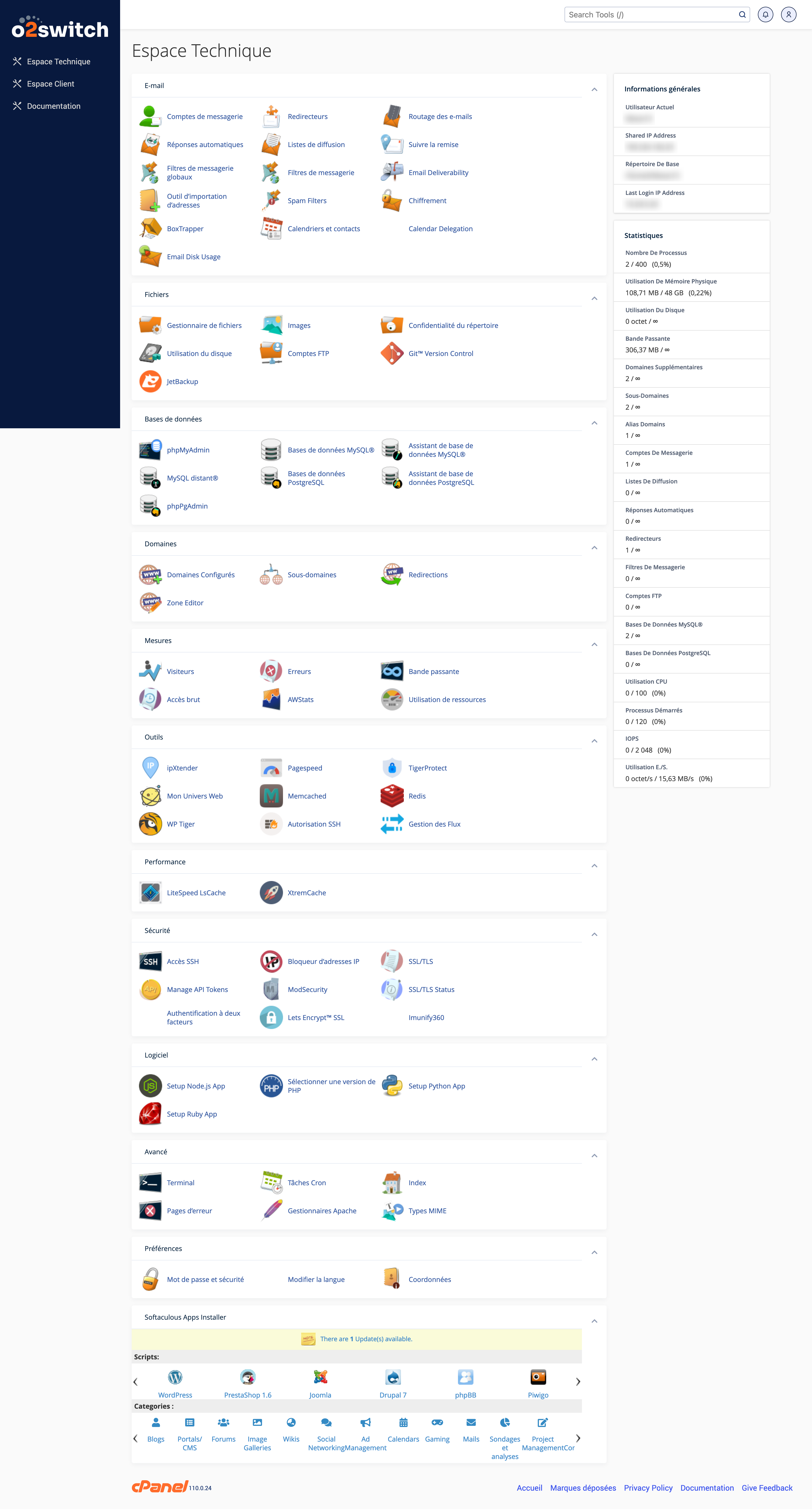 L'interface cPanel WordPress proposée par l'hébergeur o2switch.