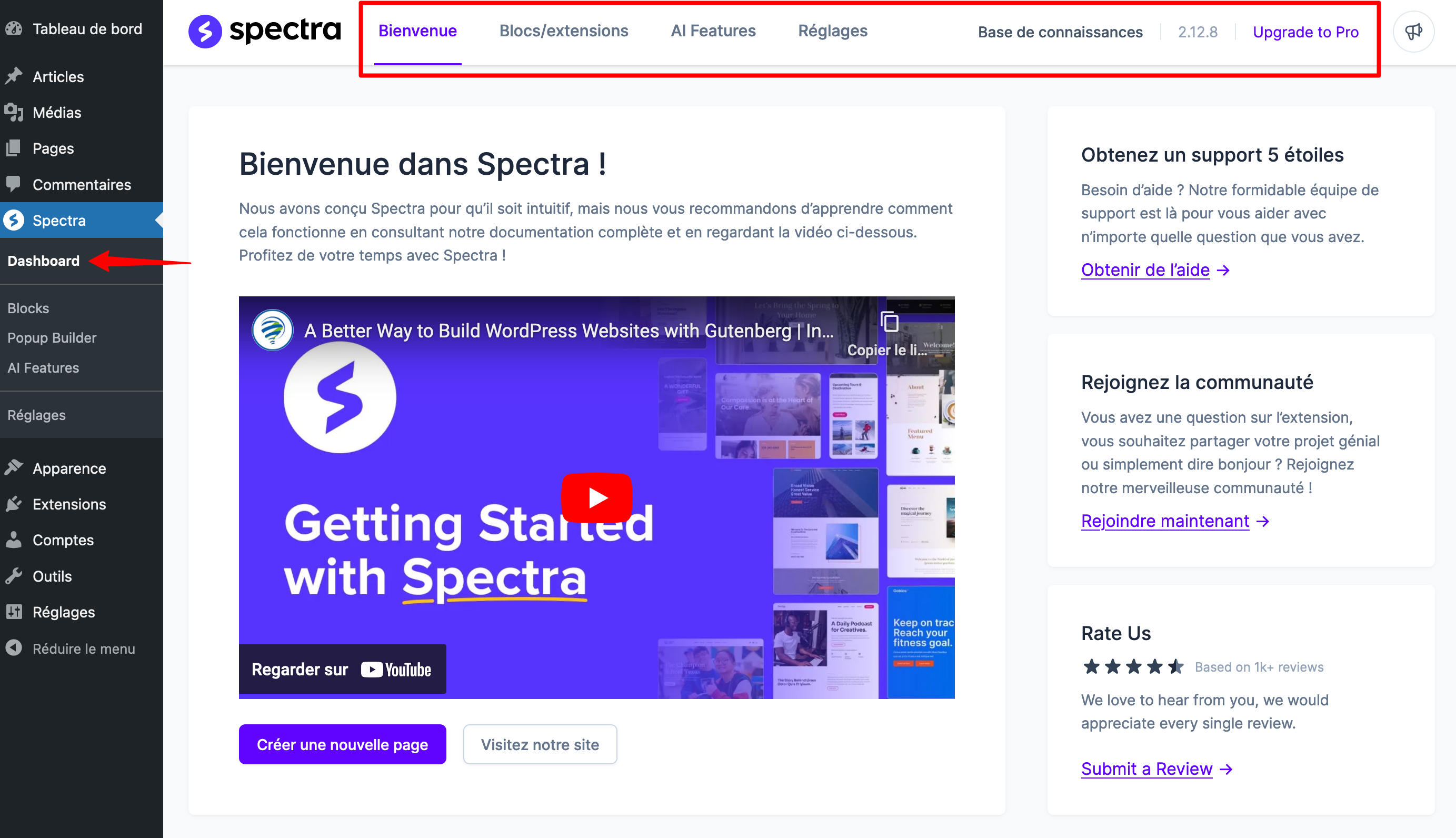 Les onglets du menu de Spectra. 