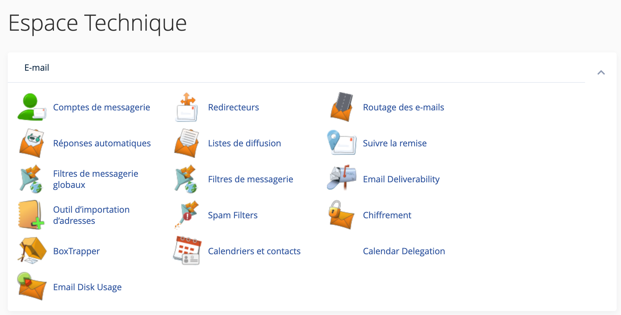 Un aperçu d'un des menus proposés par cPanel. 