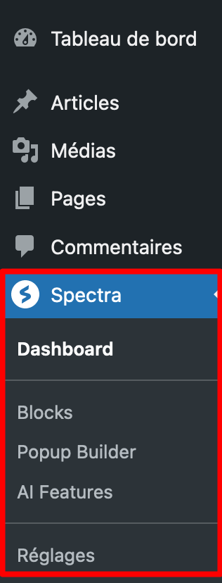 Le menu de Spectra dans la barre latérale.