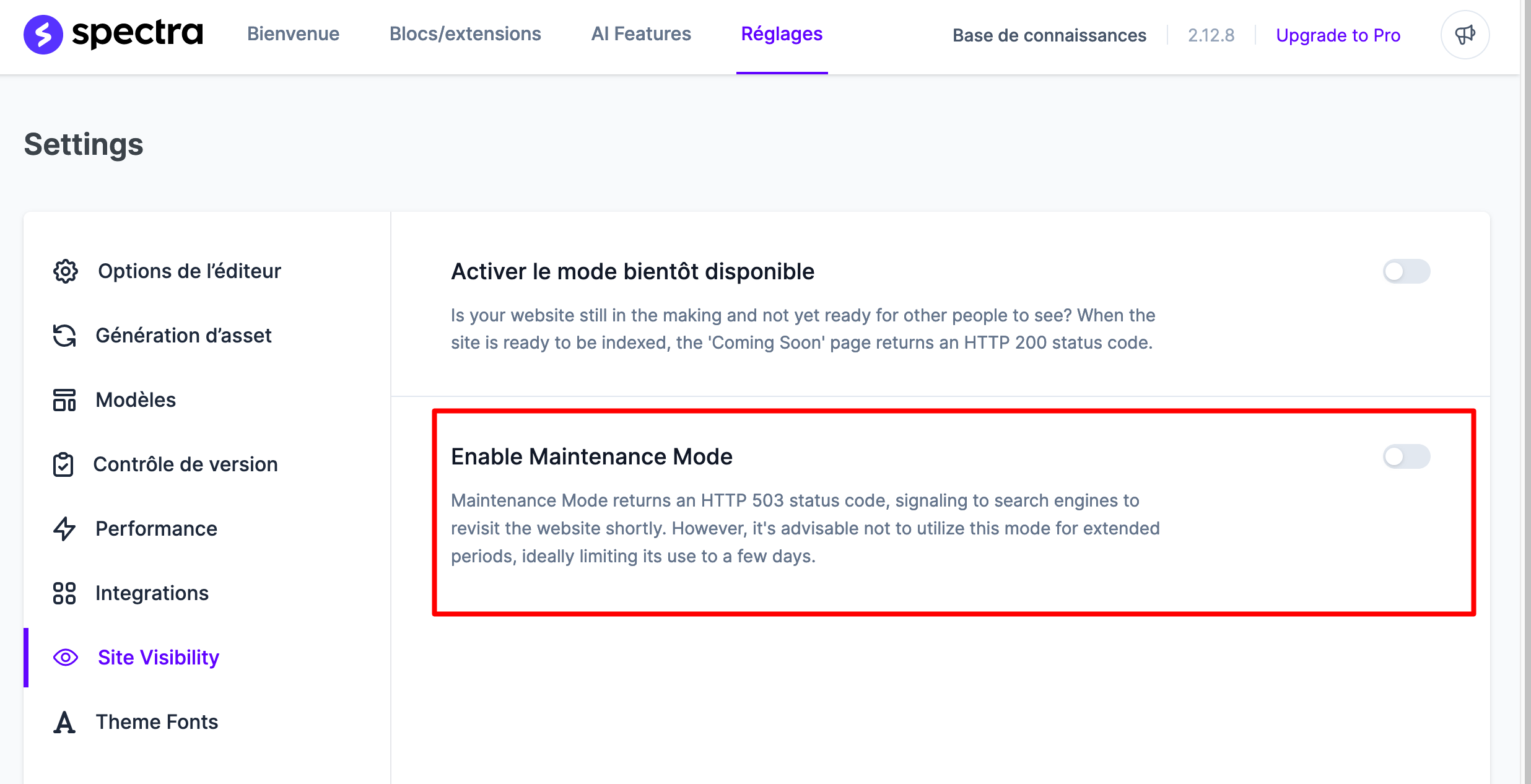 Le mode Maintenance proposé par Spectra sur WordPress.