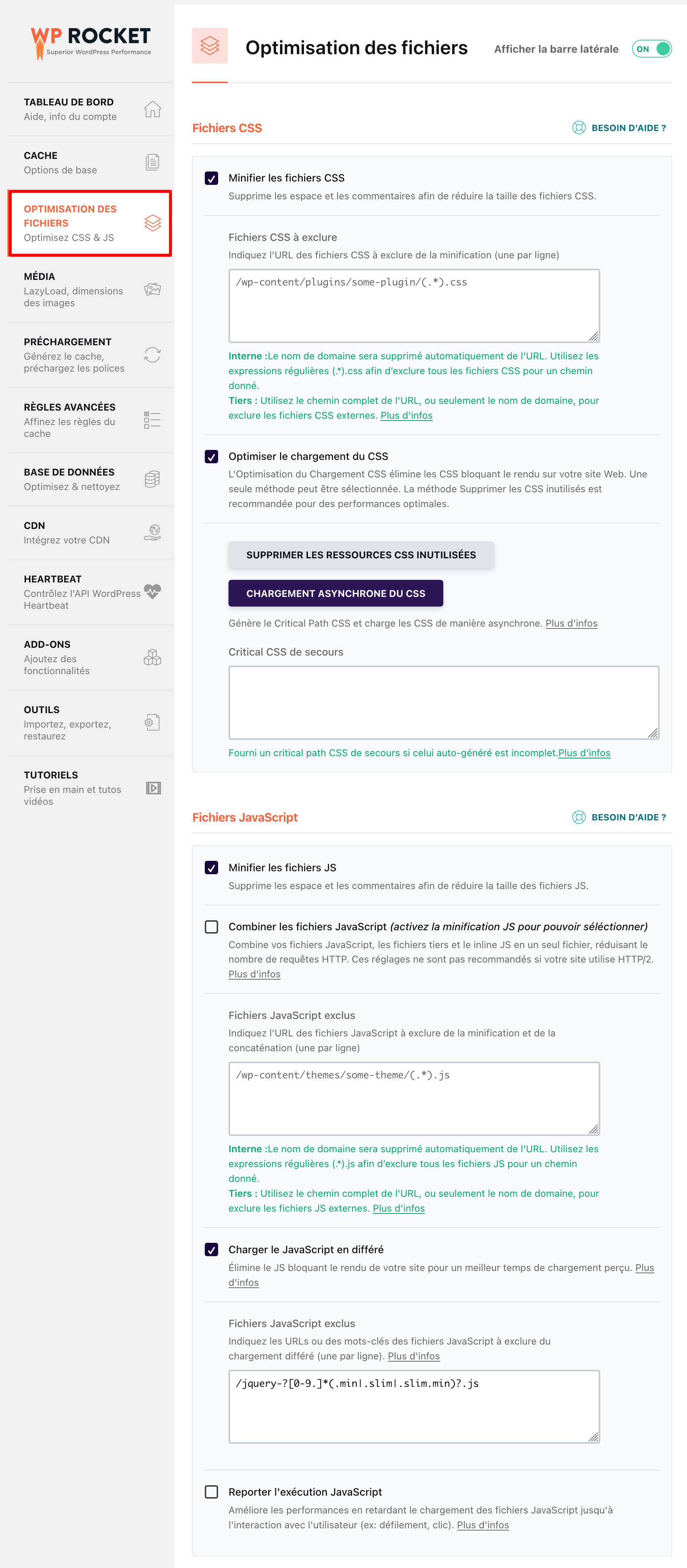 Optimisation des fichiers sur WP Rocket.