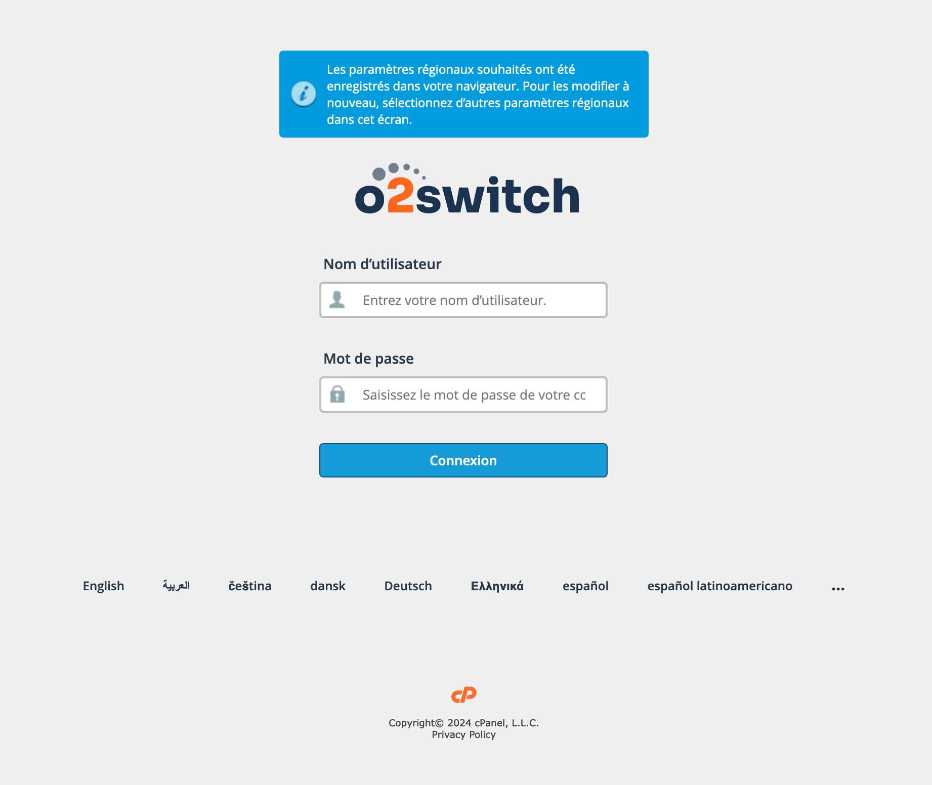 La page de connexion à o2switch.