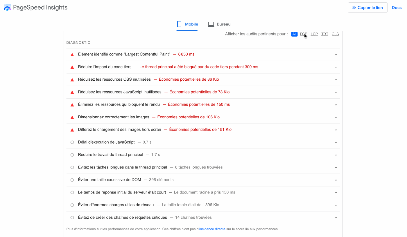 Google Page Speed Insights propose des recommandations pour améliorer les Core Web Vitals.