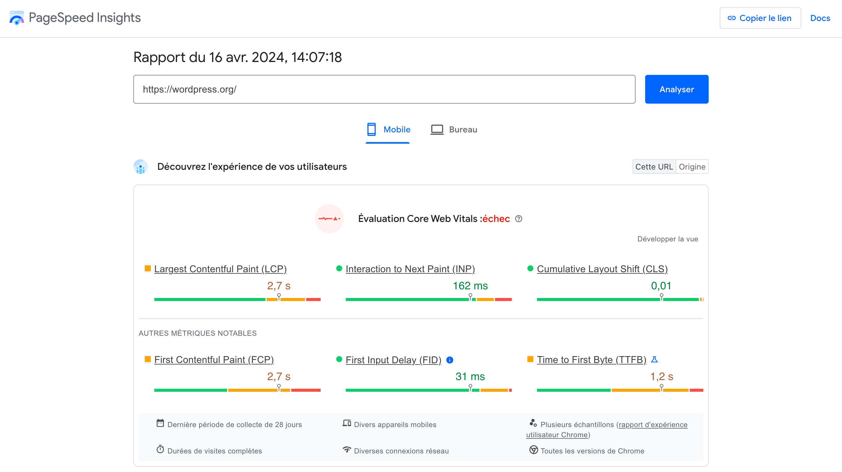 Evaluation des Core web Vitals du site WordPress.org sur Page Speed Insights.