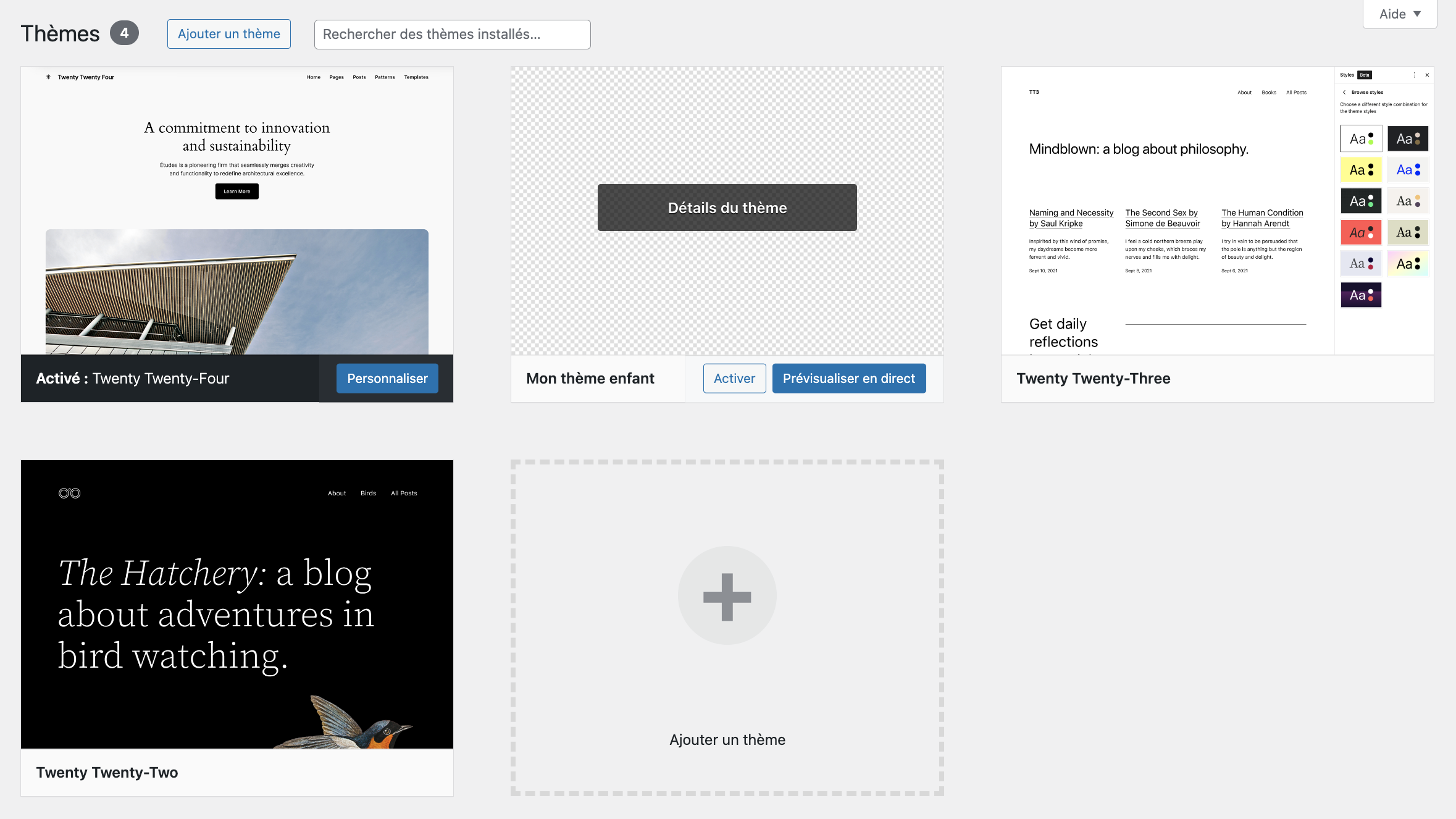Le thème enfant apparaît dans la liste des thèmes installés.