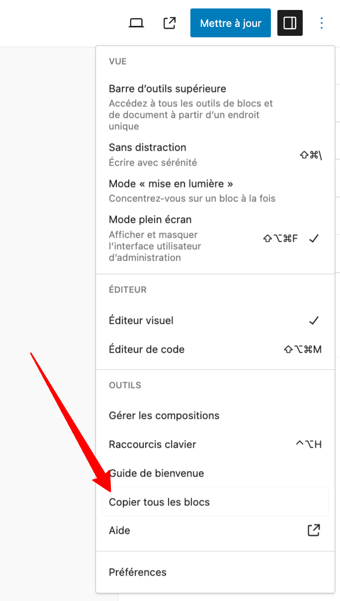 Copier tous les blocs d'une page ou d'un article dans l'éditeur de WordPress.