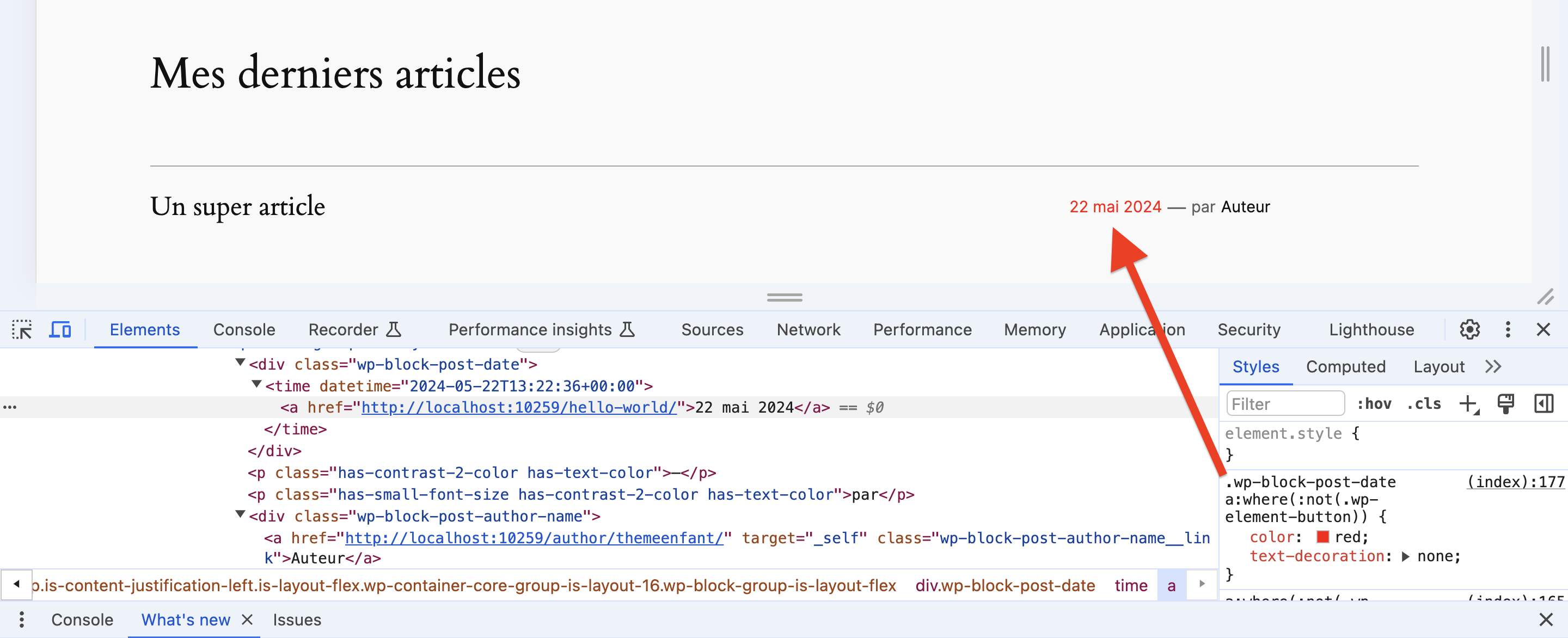 La modification d'un élément en CSS à partir de l'inspecteur de Chrome.