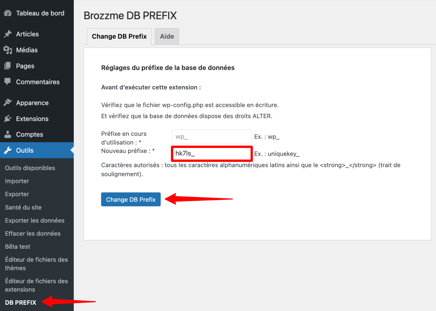 Modification du préfixe des tables de la base de données avec Brozzme DB Prefix.