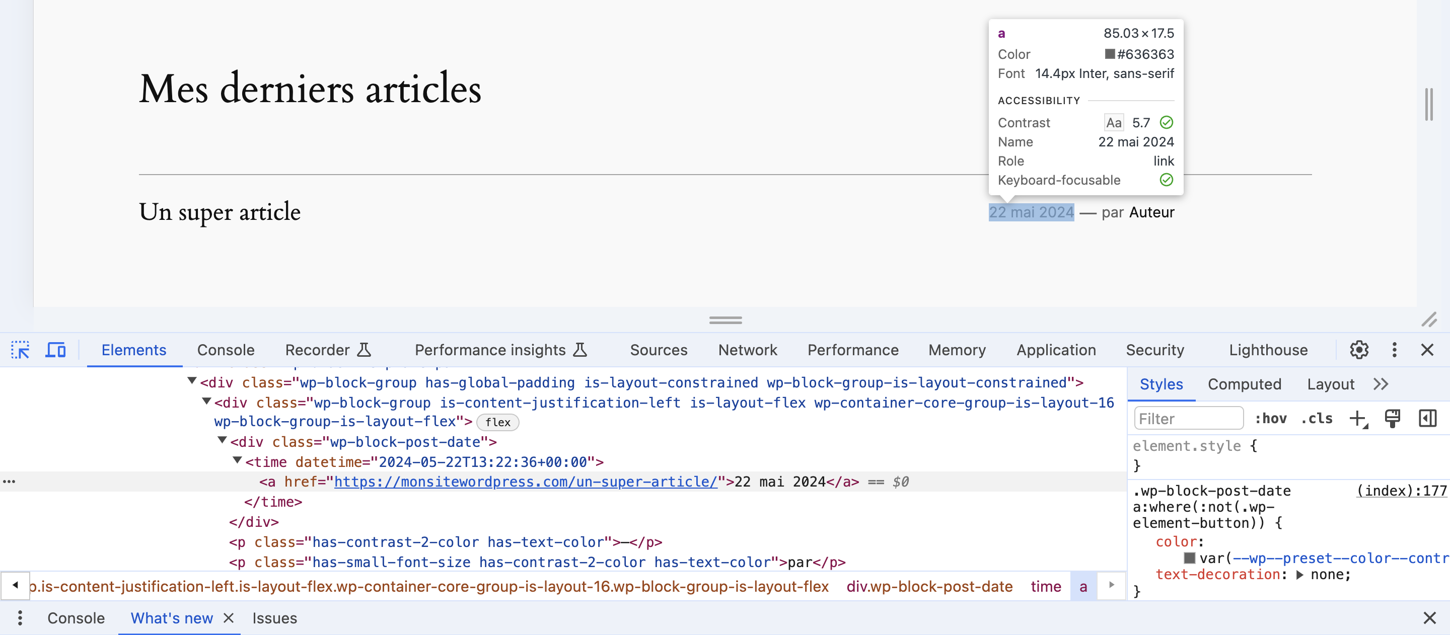 La sélection d'un élément dans l'inspecteur.