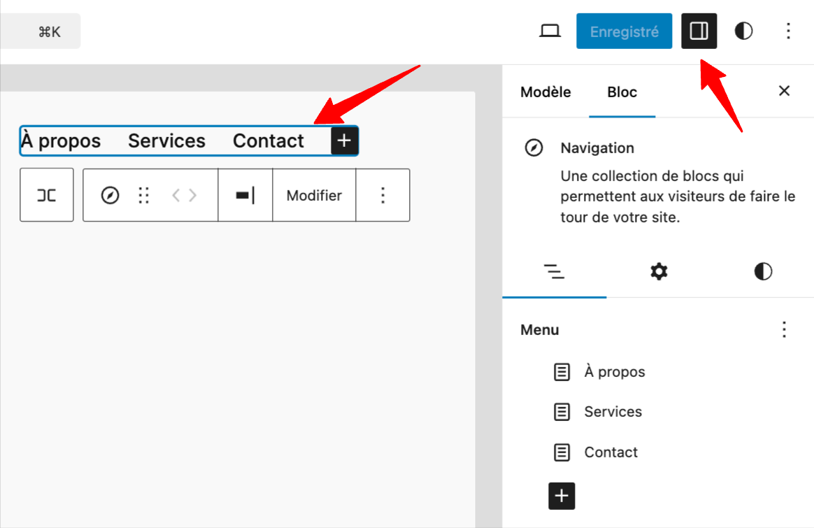 Création d'un menu avec l'Éditeur de site.