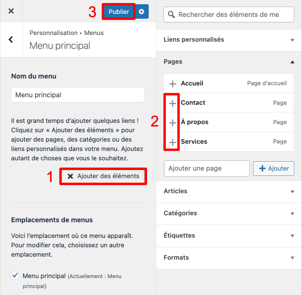 Ajout de pages à un menu WordPress.